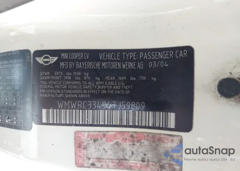 2004 Mini Cooper from USA, damaged, VIN WMWRC33494TJ59809